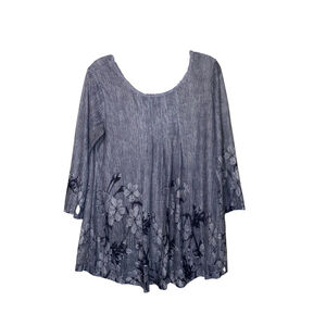 Women's Timeson Gray Floral Print Flowy 3/4 Sleeve Tunic Blouse Size L